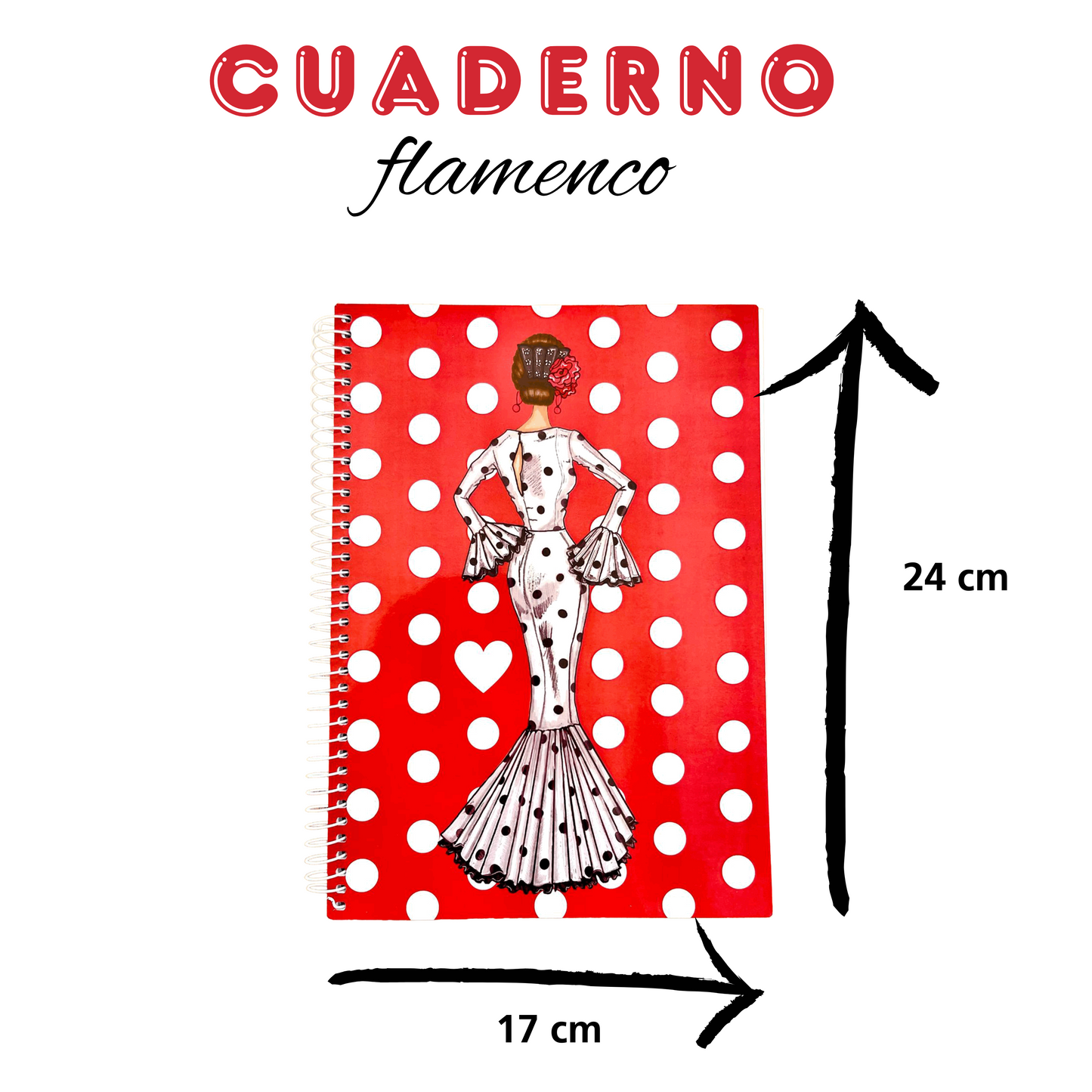 Tamaño de la libreta flamenca María, 17x24 cm, perfecta para llevar en el bolso.