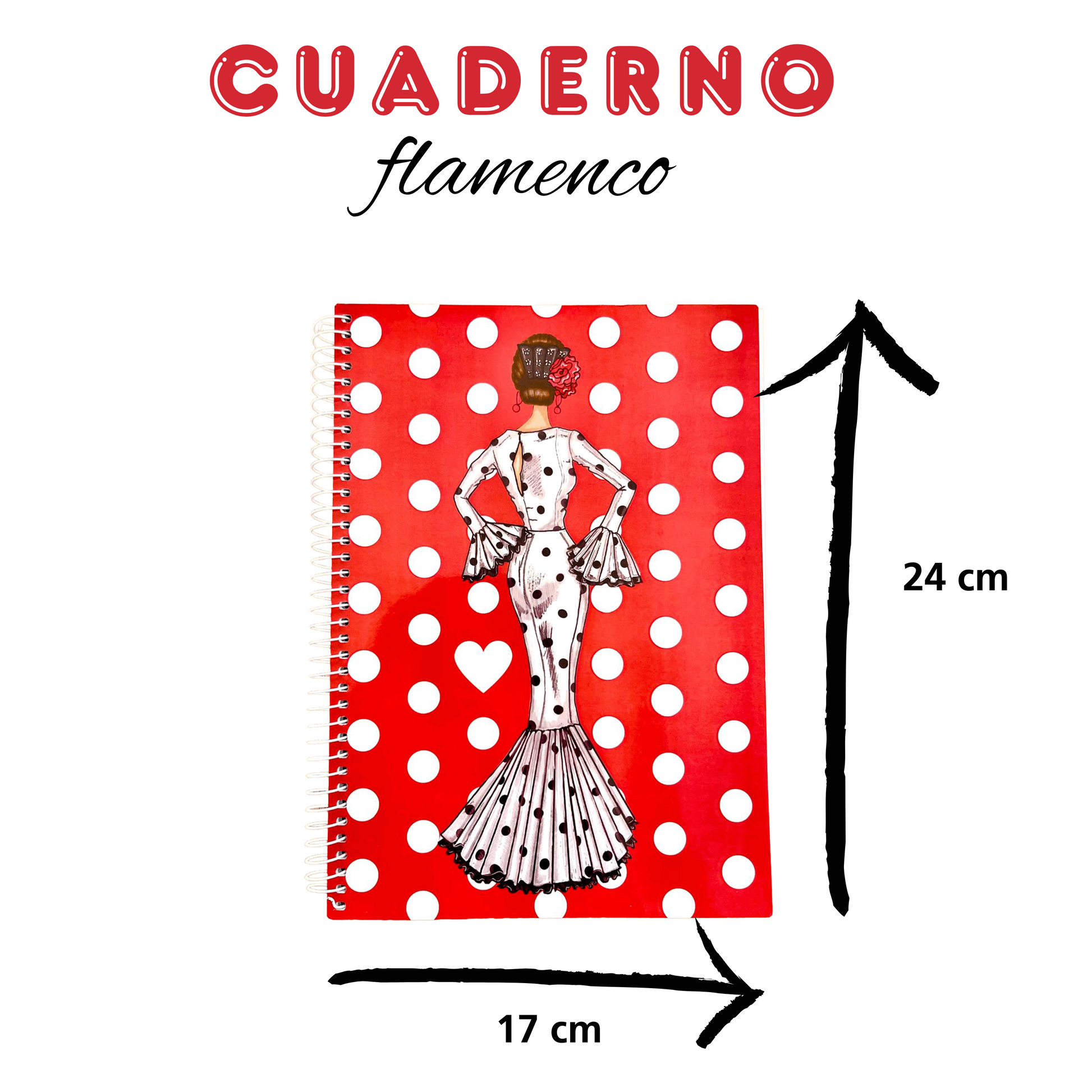 Tamaño de la libreta flamenca María, 17x24 cm, perfecta para llevar en el bolso.