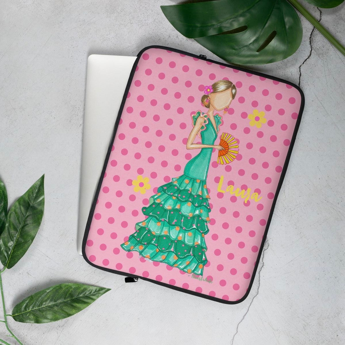 Flamenco Dancer Customizable Laptop Sleeve, green dress and yellow flowers on a pink polka dot design. - IllustrArte