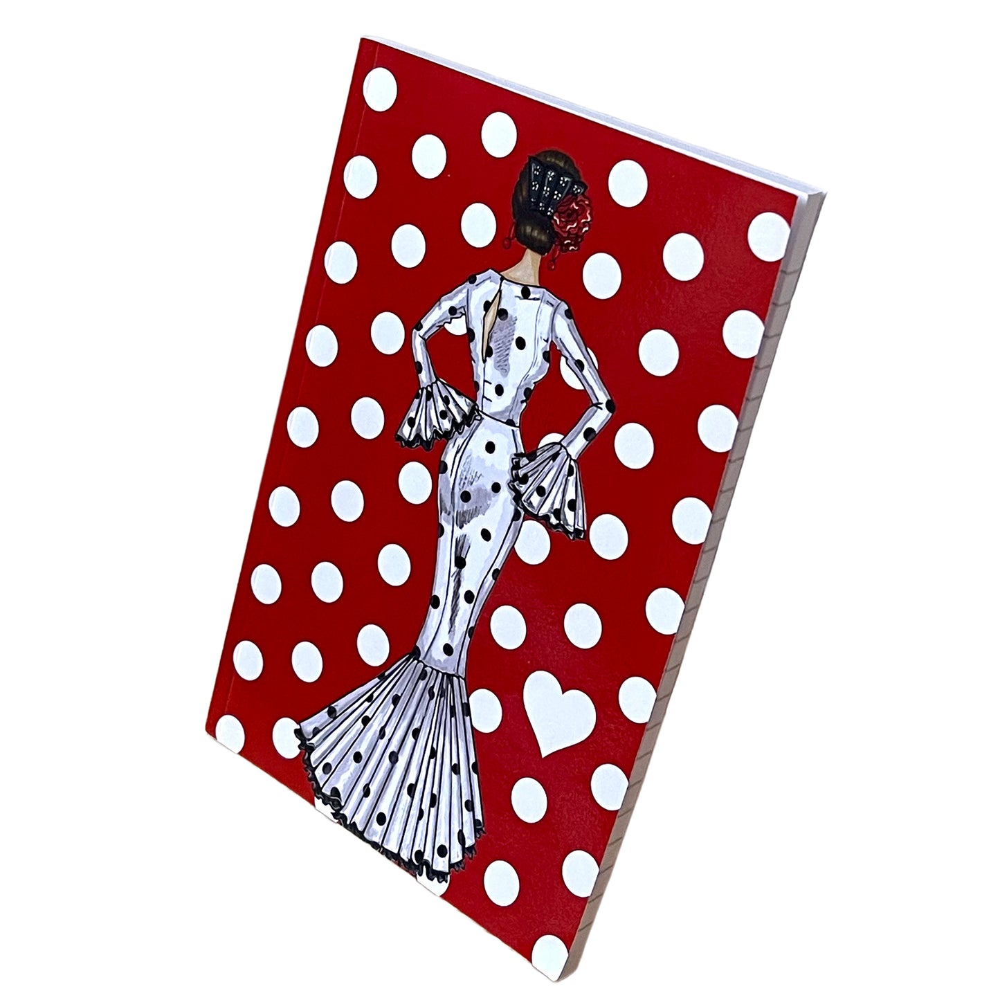 Cuaderno Flamenco “María – Fondo Rojo con Lunares” – 6×9” (15,24×22,86 cm) – 120 Páginas Rayadas – Diseño illustrArte