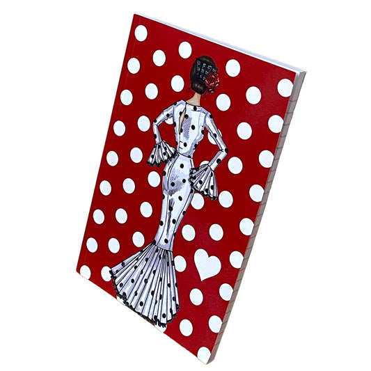 Cuaderno Flamenco “María – Fondo Rojo con Lunares” – 6×9” (15,24×22,86 cm) – 120 Páginas Rayadas – Diseño illustrArte
