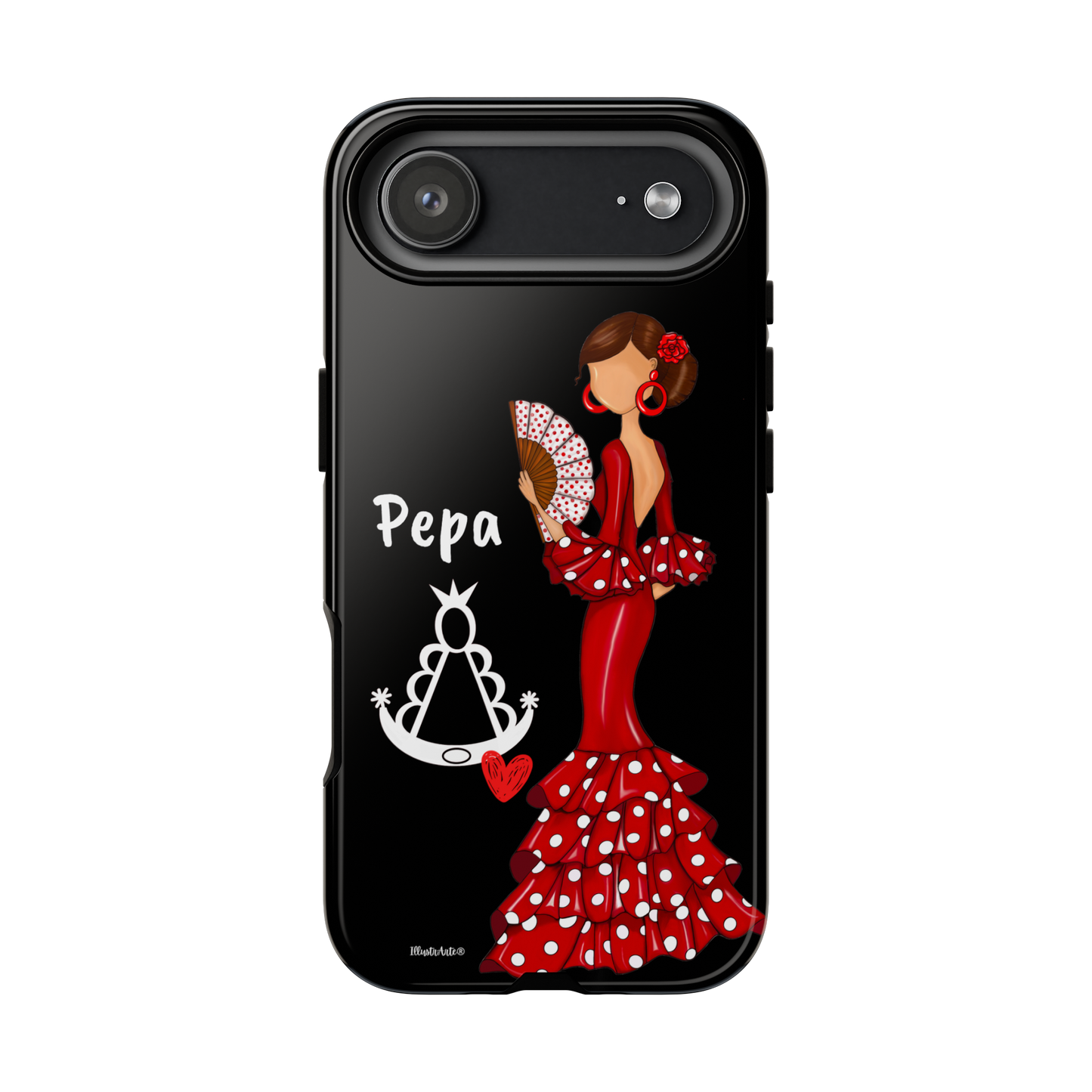 Personalized Pepa phone case on a black background with the Virgin Mary – for iPhone, Samsung, Pixel