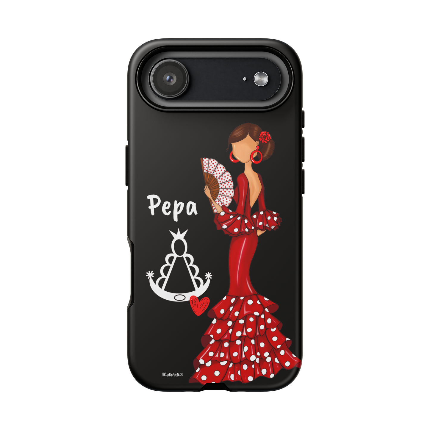 Personalized Pepa phone case on a black background with the Virgin Mary – for iPhone, Samsung, Pixel