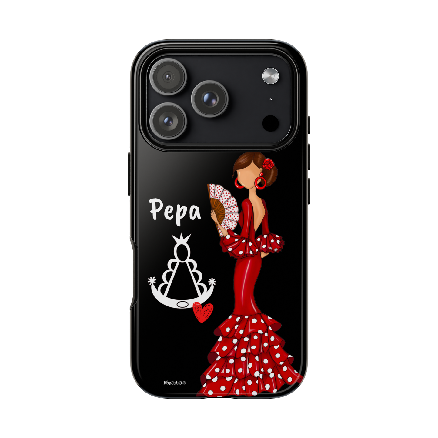 Personalized Pepa phone case on a black background with the Virgin Mary – for iPhone, Samsung, Pixel