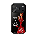 Personalised phone case flamenco dancer Pepa, with a little Virgin Mary for iPhone 17 Pro, gloss finish – illustrArte