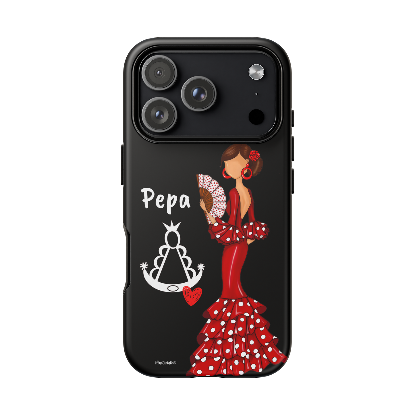 Personalized Pepa phone case on a black background with the Virgin Mary – for iPhone, Samsung, Pixel