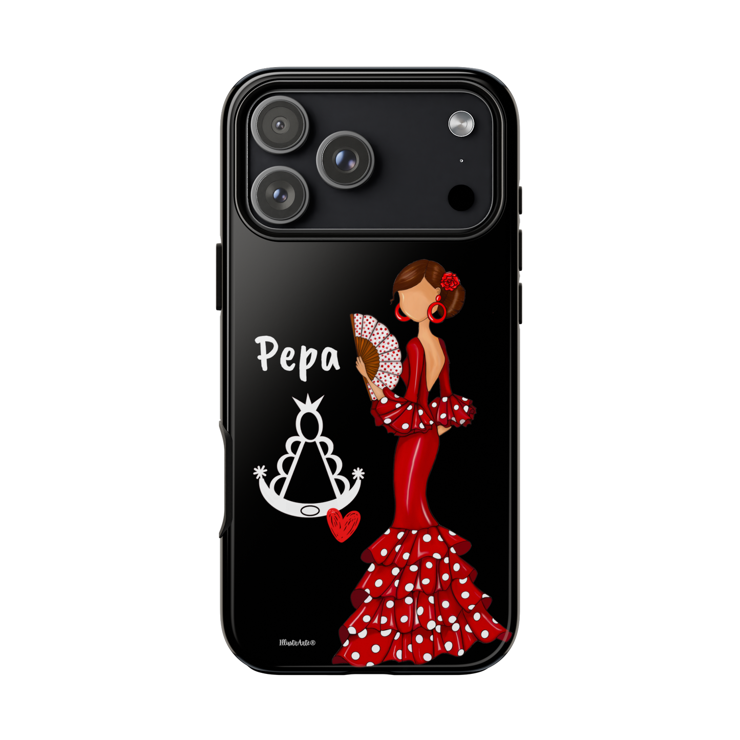 Personalized Pepa phone case on a black background with the Virgin Mary – for iPhone, Samsung, Pixel