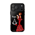 Personalised phone case flamenco dancer Pepa, with a little Virgin Mary for iPhone 17 Pro Max, gloss finish – illustrArte