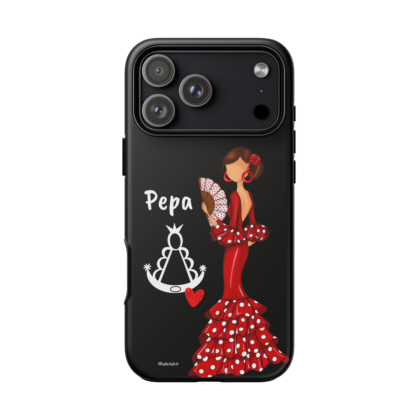 Personalized Pepa phone case on a black background with the Virgin Mary – for iPhone, Samsung, Pixel
