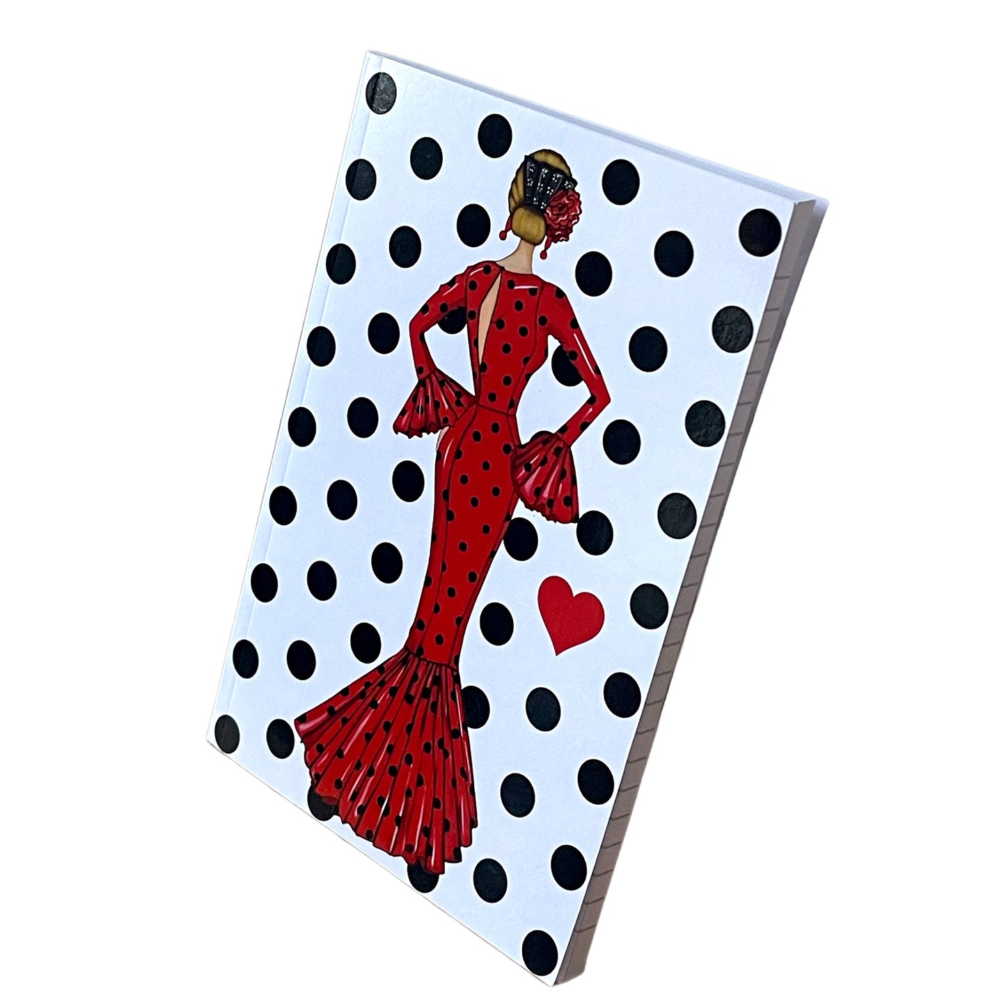 Cuaderno Flamenco “María – Fondo Blanco con Lunares Negros” – 6×9” (15,24×22,86 cm) – 120 Páginas Rayadas – Diseño illustrArte