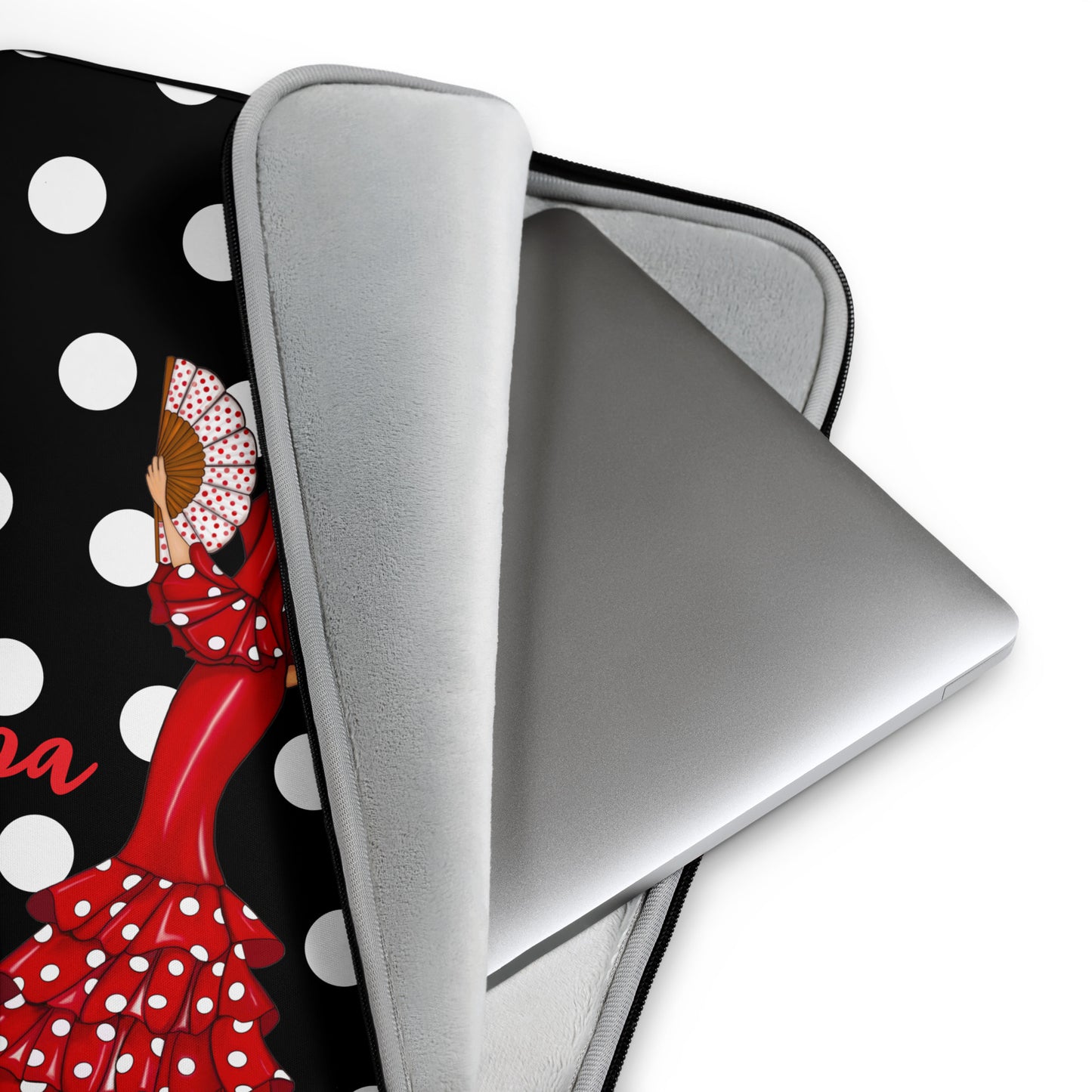 Funda Para Portátil Personalizable - Flamenca Pepa fondo negro con lunares blancos