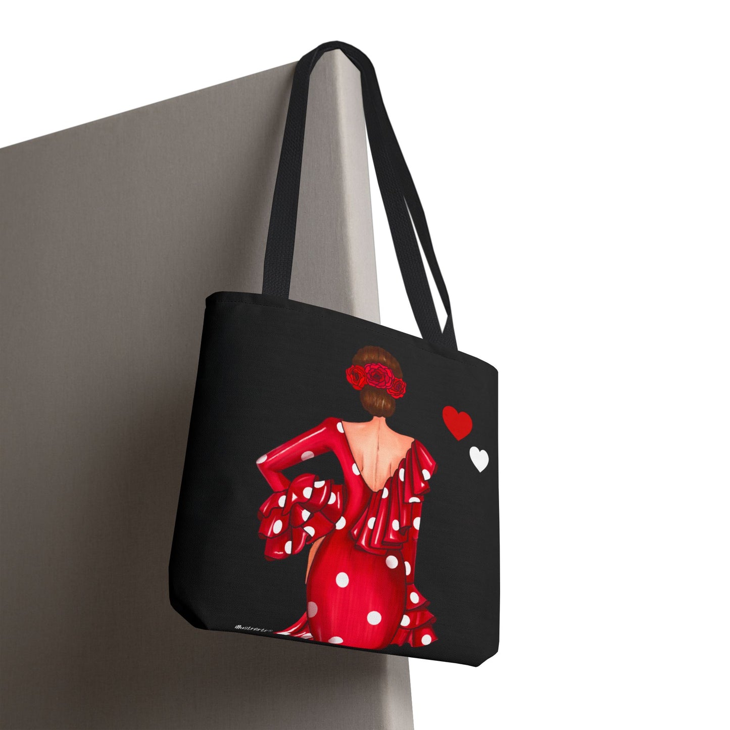 👜 illustrArte Bolsa Tote Málaga Diseño Flamenca “Macarena” Roja con Lunares | Poliéster 400 g/m² (43 x 43 cm) | Impresión a Doble Cara | Asas de 60 cm | Bolso Reutilizable y Resistente