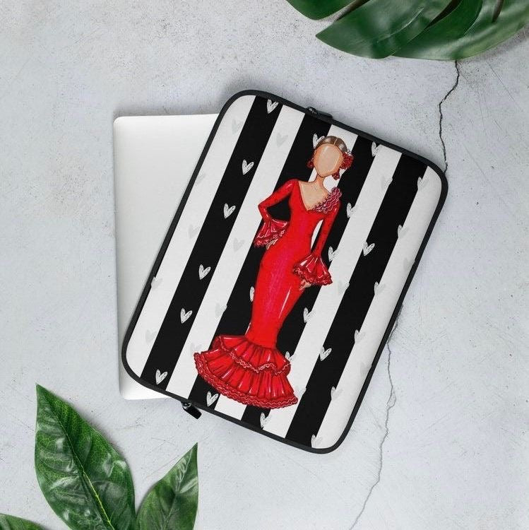 Flamenco Dancer Customizable Laptop Sleeve, red dress and white hearts on a black and white stripe design. - IllustrArte