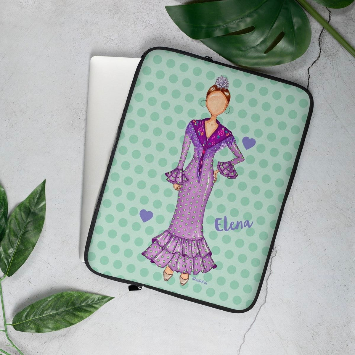 Flamenco Dancer Customizable Laptop Sleeve, purple dress and purple hearts on a green polka dot design. - IllustrArte