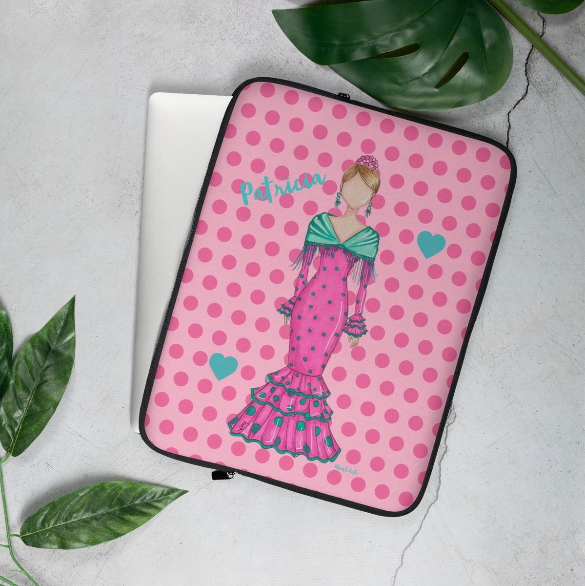 Flamenco Dancer Customizable Laptop Sleeve, pink dress with a green shawl on a pink polka dot design. - IllustrArte