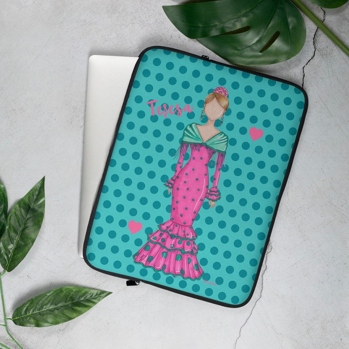 Flamenco Dancer Customizable Laptop Sleeve, pink dress with a green shawl on a green polka dot design. - IllustrArte