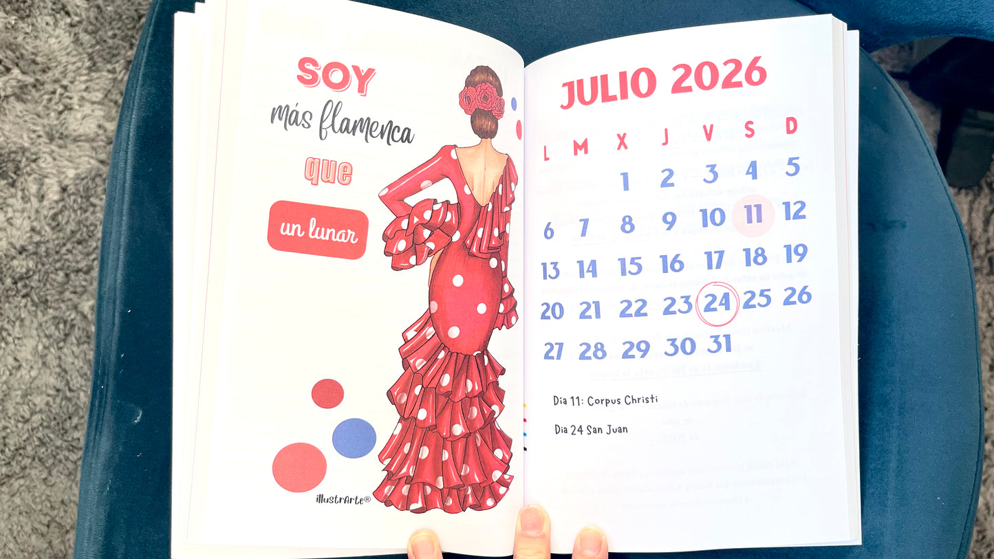 Agenda Flamenca 2026 “Macarena Turquesa” – 2 Días por Página – Ilustraciones Flamencas – Eventos Flamencos del Año – Diseño illustrArte