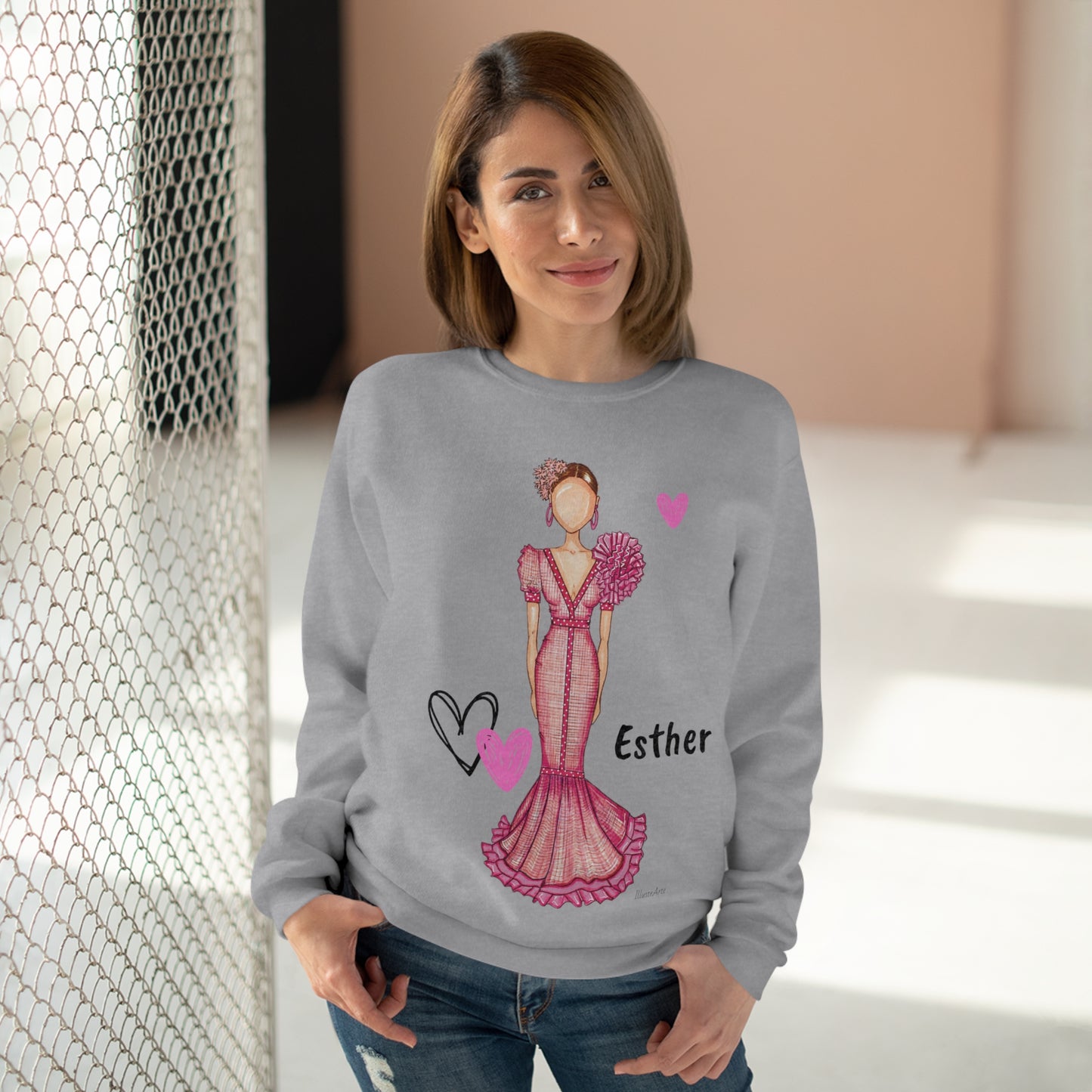 Flamenco lovers customizable gray Crewneck Sweatshirt, beautiful flamenco dancer in a pink dress with hearts. - IllustrArte