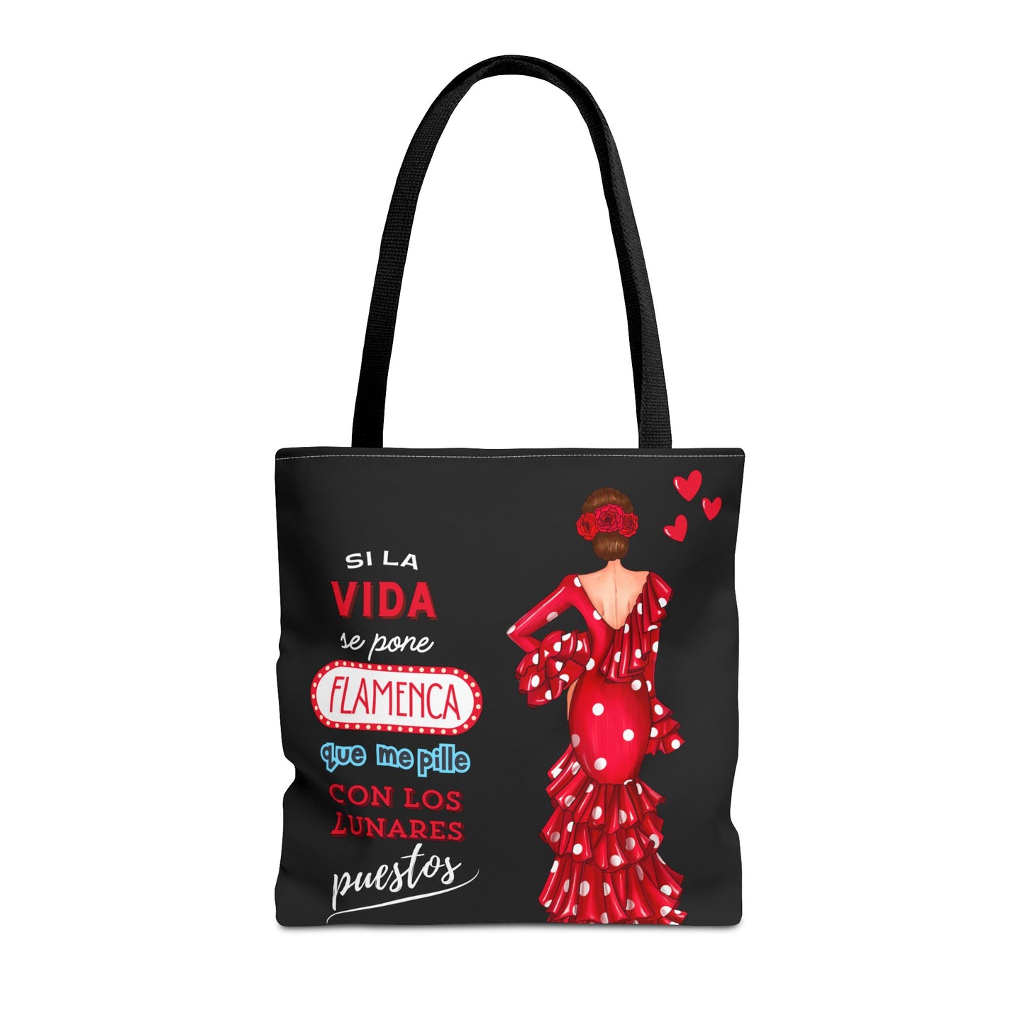 👜 illustrArte Bolsa Tote Málaga Diseño Flamenca “Macarena” con Frase “Si la vida se pone flamenca” | Poliéster 400 g/m² (43 x 43 cm) | Impresión a Doble Cara | Asas de 60 cm | Bolso Reutilizable y Resistente