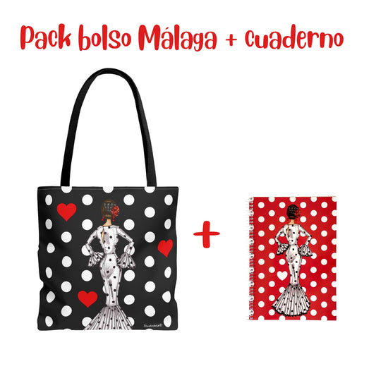Pack Bolsa “María” Málaga blanco + Cuaderno “María” blanco – Set flamenco con mucho arte illustrArte