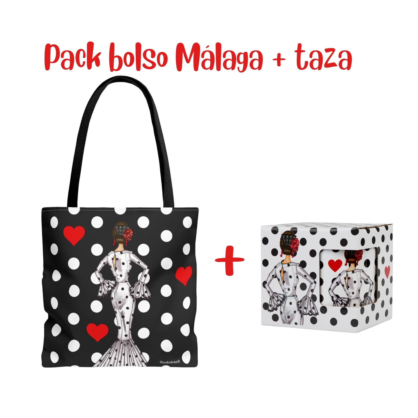 Pack Bolsa “María” Málaga blanco + Taza “María” blanco – Set flamenco con mucho arte illustrArte
