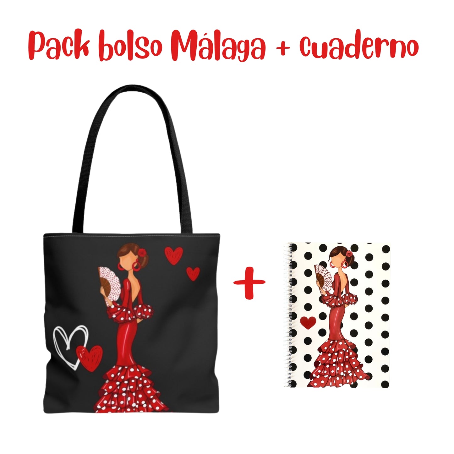 Pack Bolsa “Pepa” Málaga liso + Cuaderno “Pepa” – Set flamenco con mucho arte illustrArte