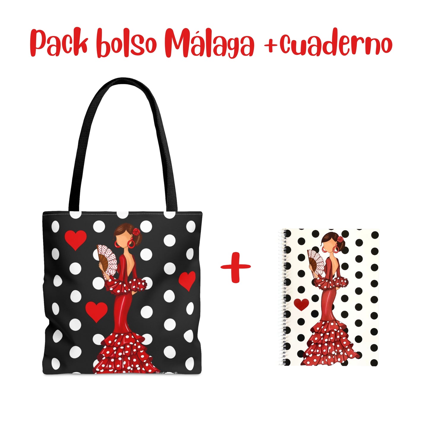 Pack Bolsa “Pepa” Málaga lunares + Cuaderno “Pepa” – Set flamenco con mucho arte illustrArte
