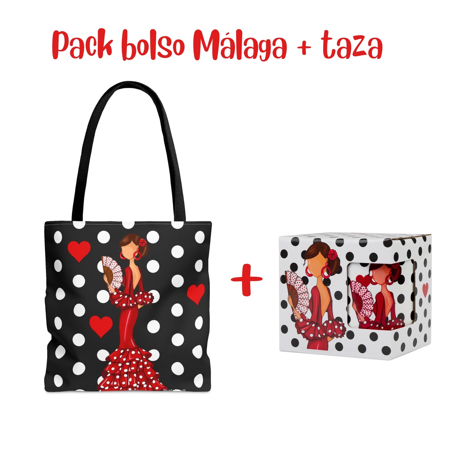 Pack Bolsa “Pepa” Málaga lunares + Taza “Pepa” – Set flamenco con mucho arte illustrArte