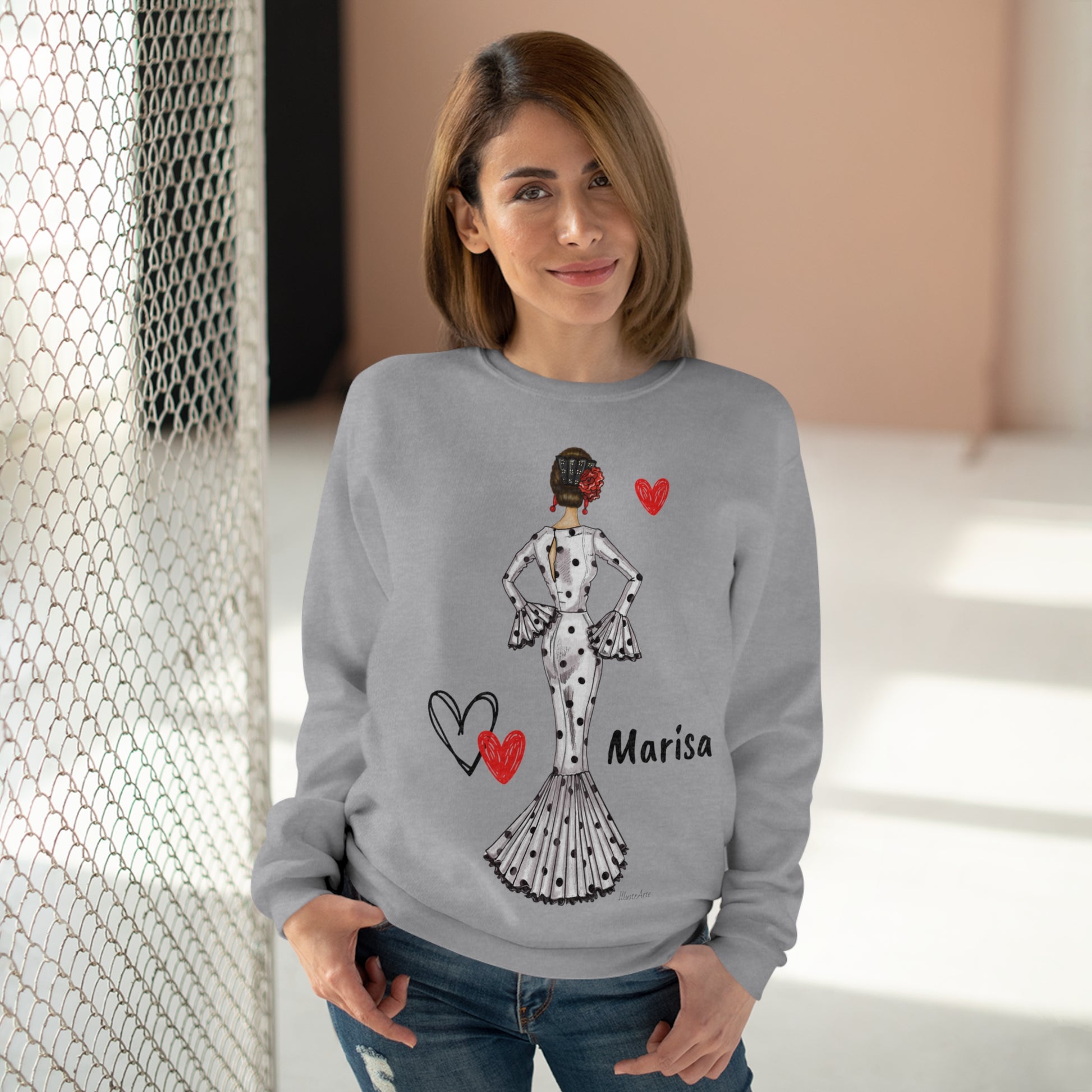 Flamenco lovers customizable gray Crewneck Sweatshirt, beautiful flamenco dancer in a white dress with hearts. - IllustrArte