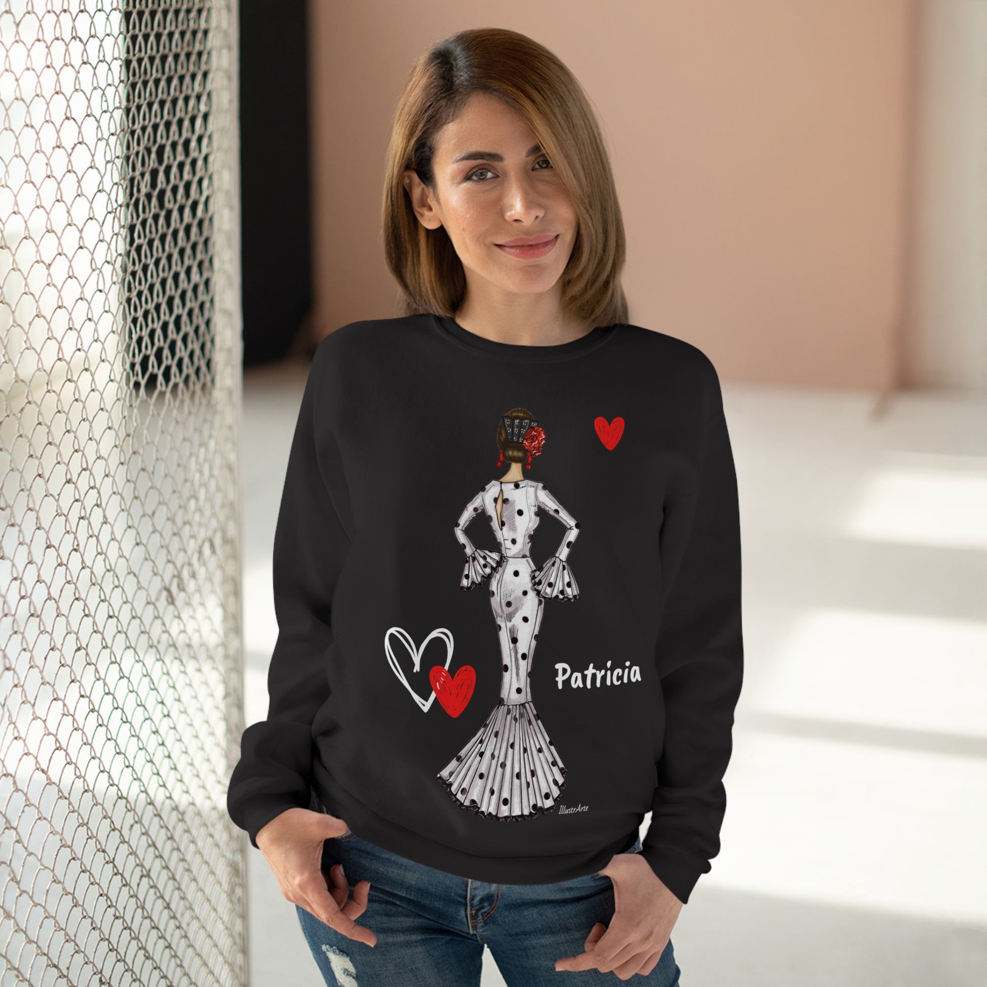 Flamenco lovers customizable black Crewneck Sweatshirt, beautiful flamenco dancer in a white dress with hearts. - IllustrArte