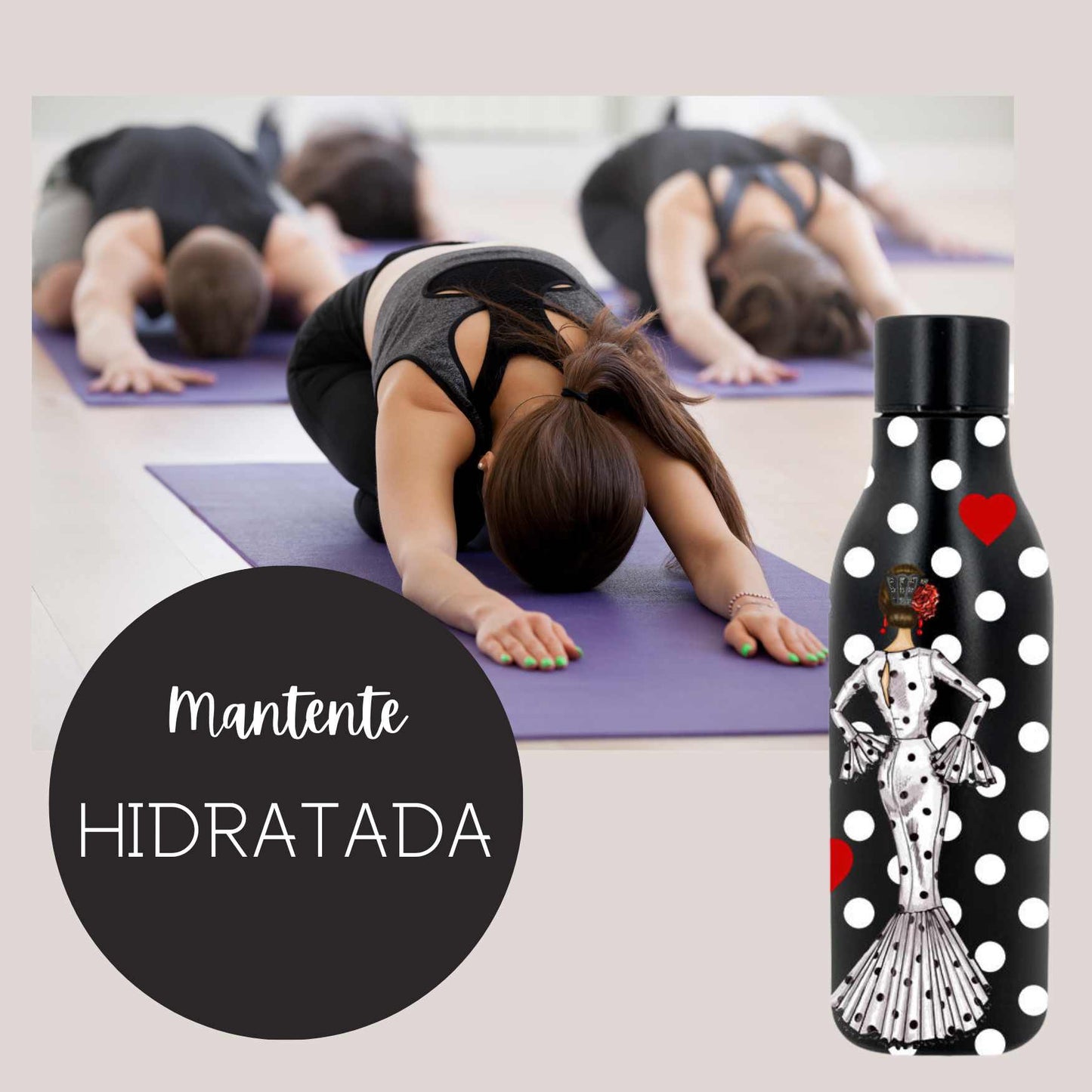 Pack Regalo Flamenca María – Botella Térmica Negra con Vestido Blanco + Bolsa Cádiz de Algodón “María Rojo”