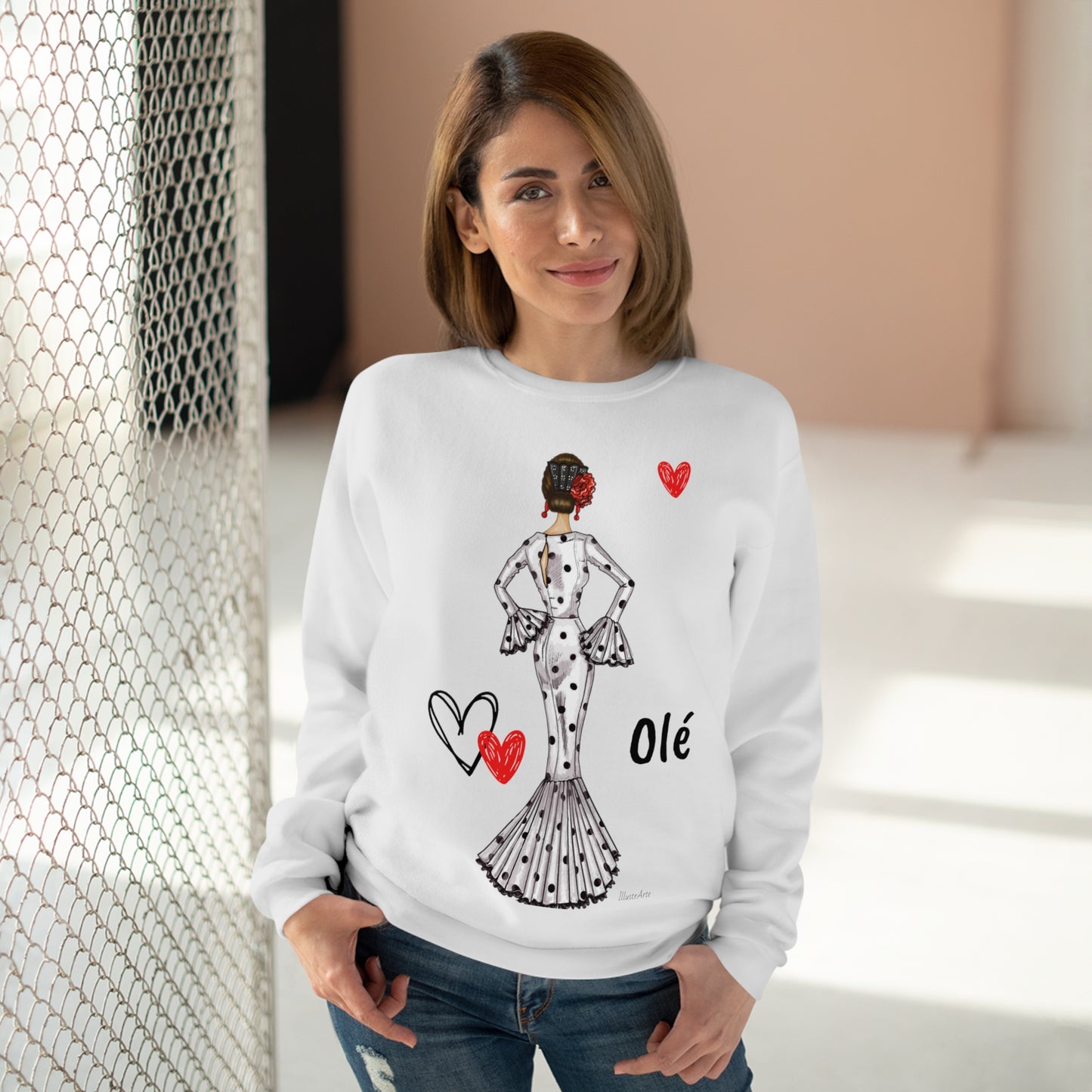 Flamenco lovers customizable white Crewneck Sweatshirt, beautiful flamenco dancer in a white dress with hearts. - IllustrArte