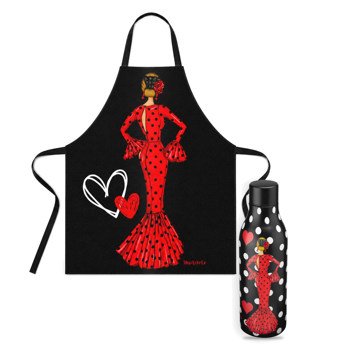 Pack botella térmica y delantal flamenco illustrArte, diseño María Rojo