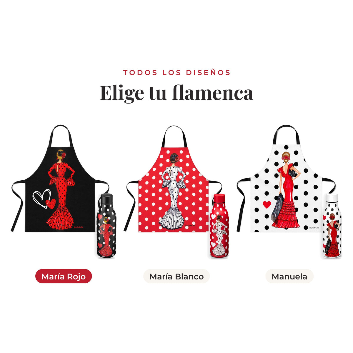 Todos los diseños del pack botella y delantal flamenco