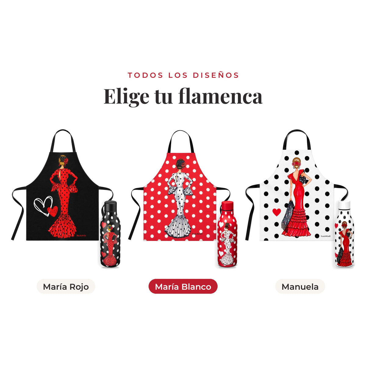 Todos los diseños del pack botella y delantal flamenco
