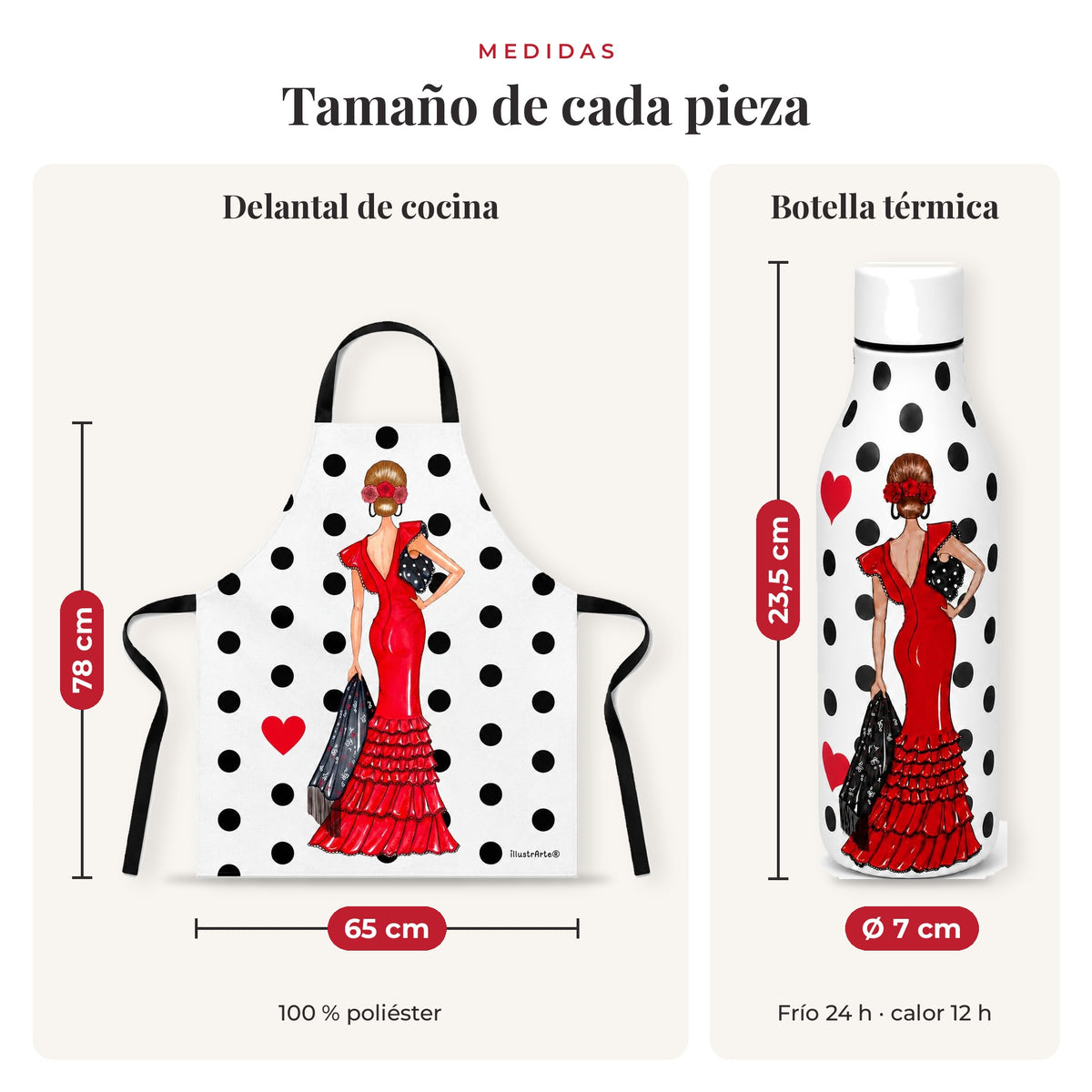 Medidas reales: delantal 78 x 65 cm y botella de 23,5 cm, diseño Manuela