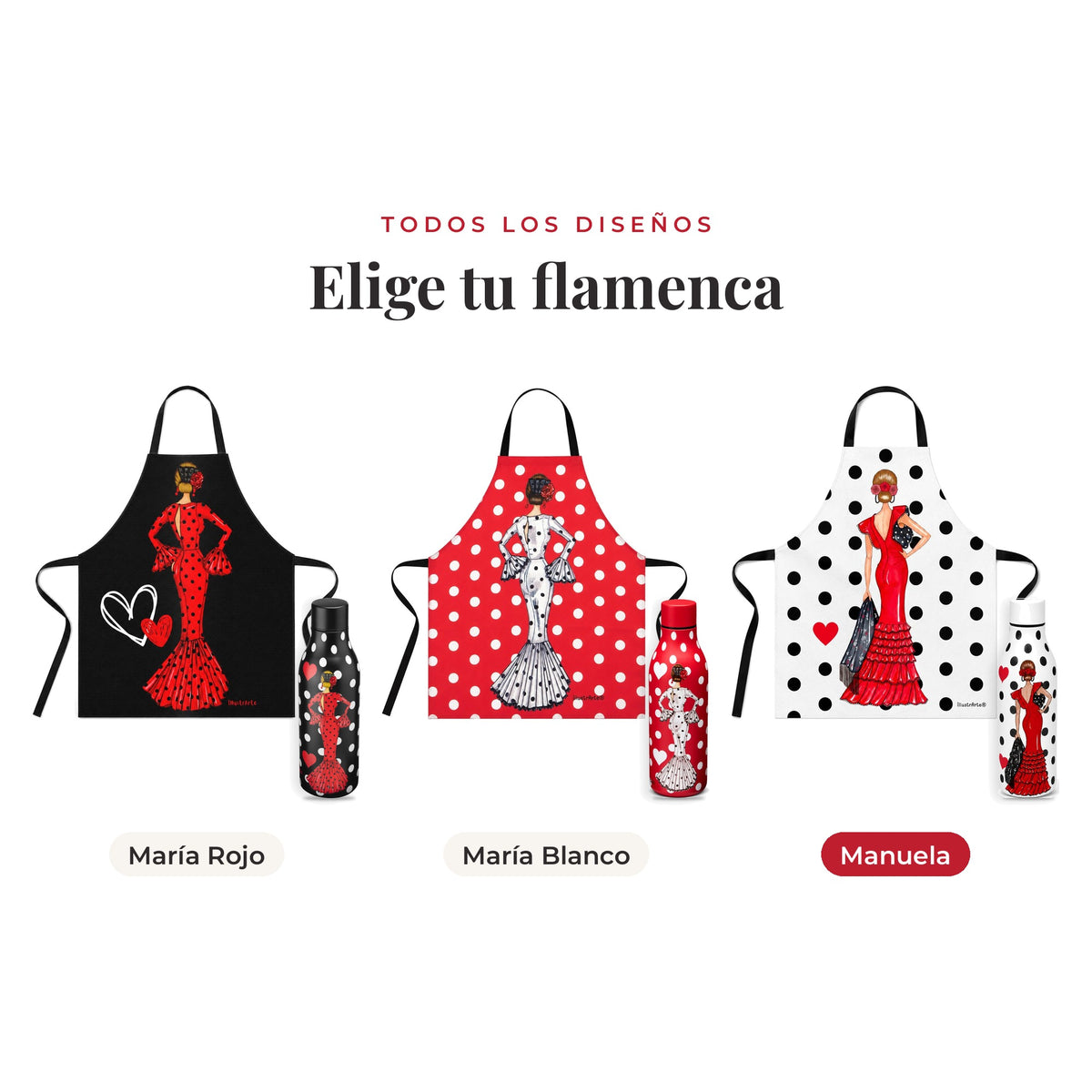 Todos los diseños del pack botella y delantal flamenco