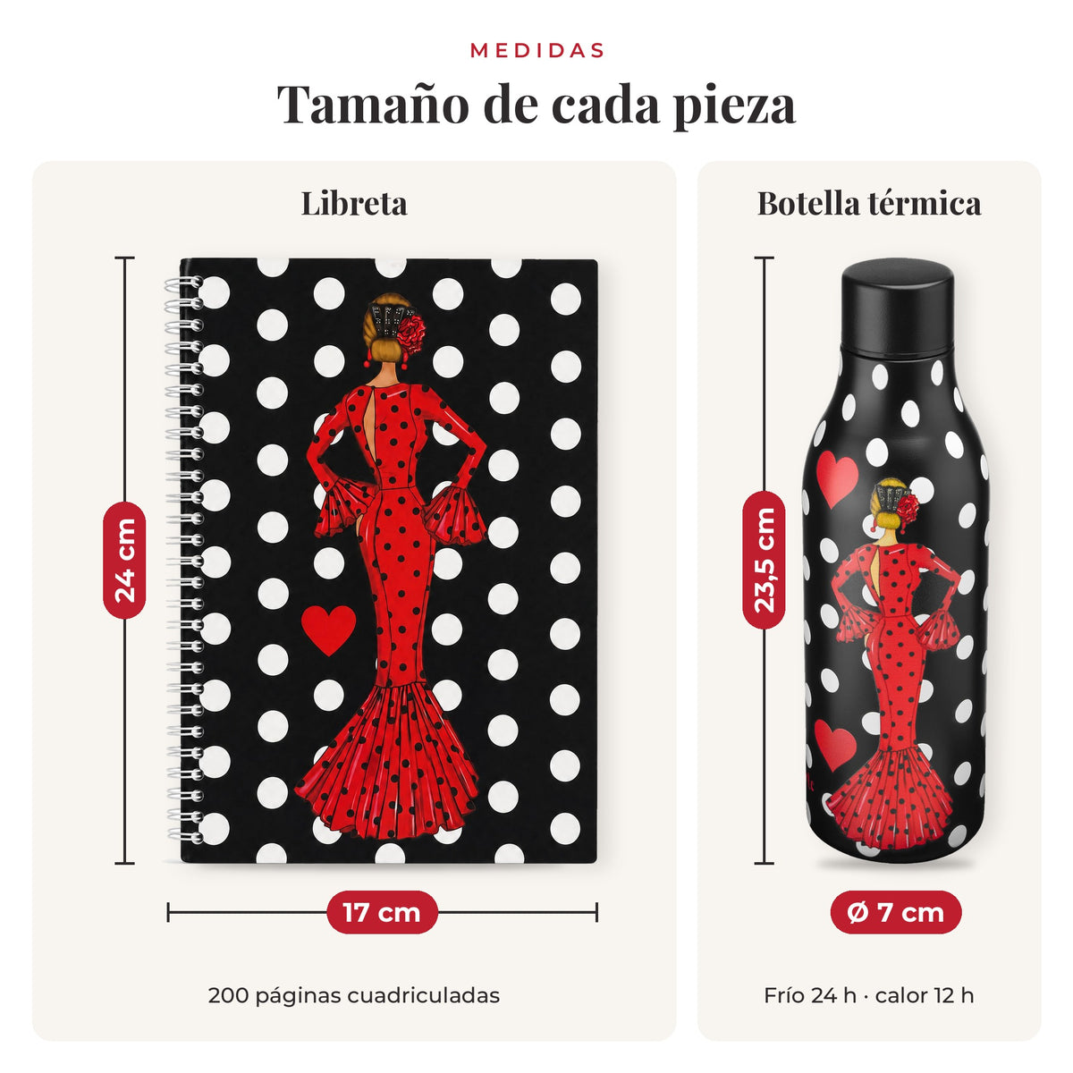 Medidas reales: libreta 17 x 24 cm y botella de 23,5 cm, diseño María Rojo