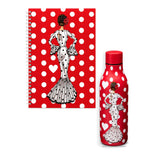 Pack botella térmica y libreta flamenca illustrArte, diseño María Blanco fondo rojo