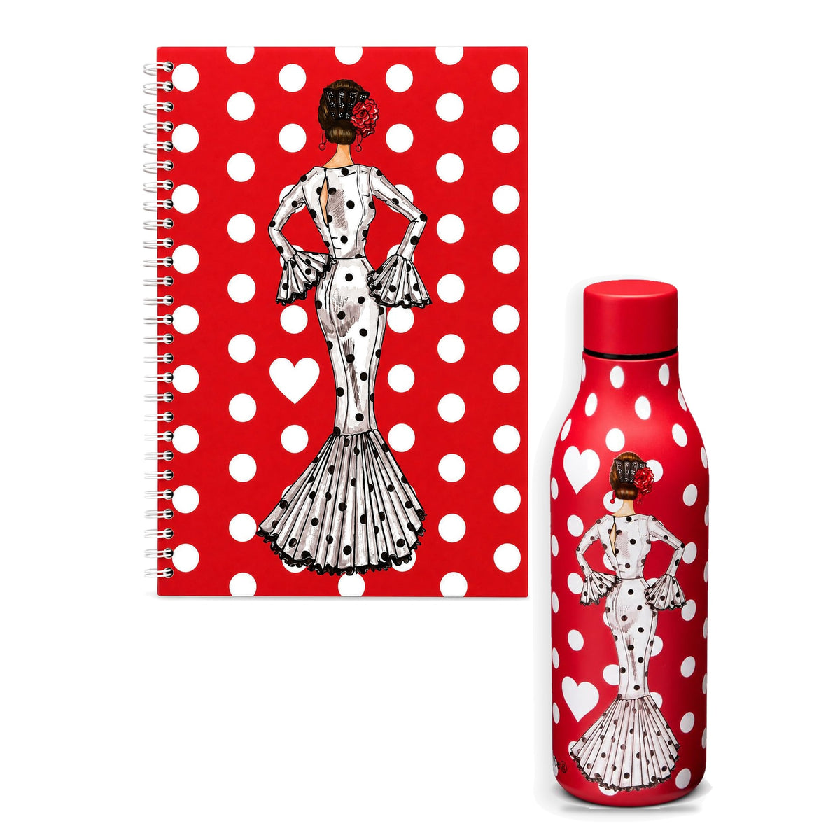 Pack botella térmica y libreta flamenca illustrArte, diseño María Blanco fondo rojo