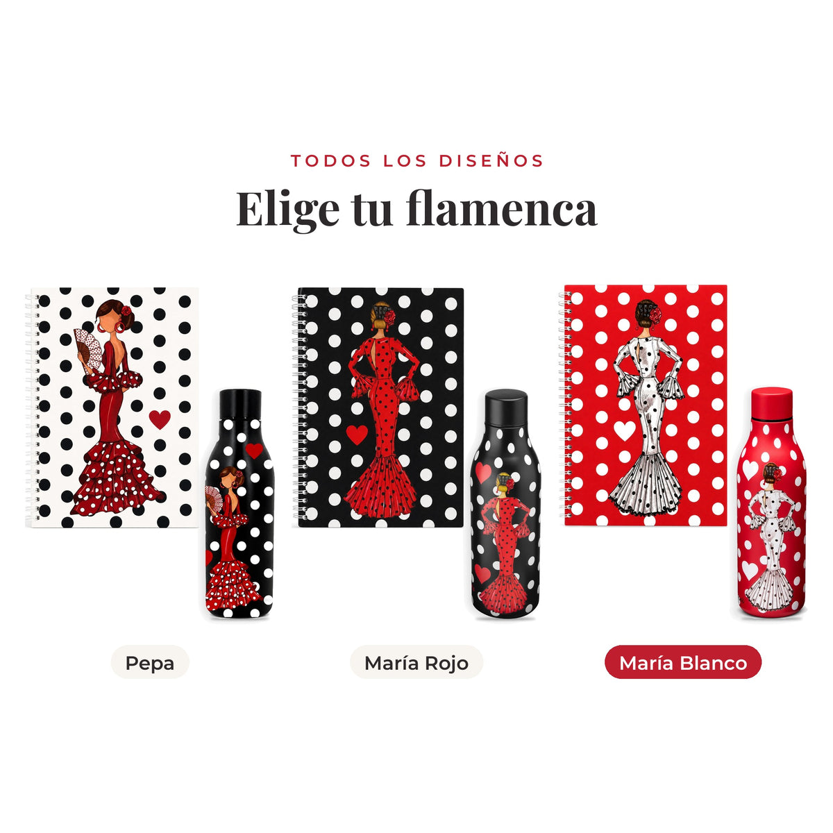 Todos los diseños del pack botella y libreta flamenca