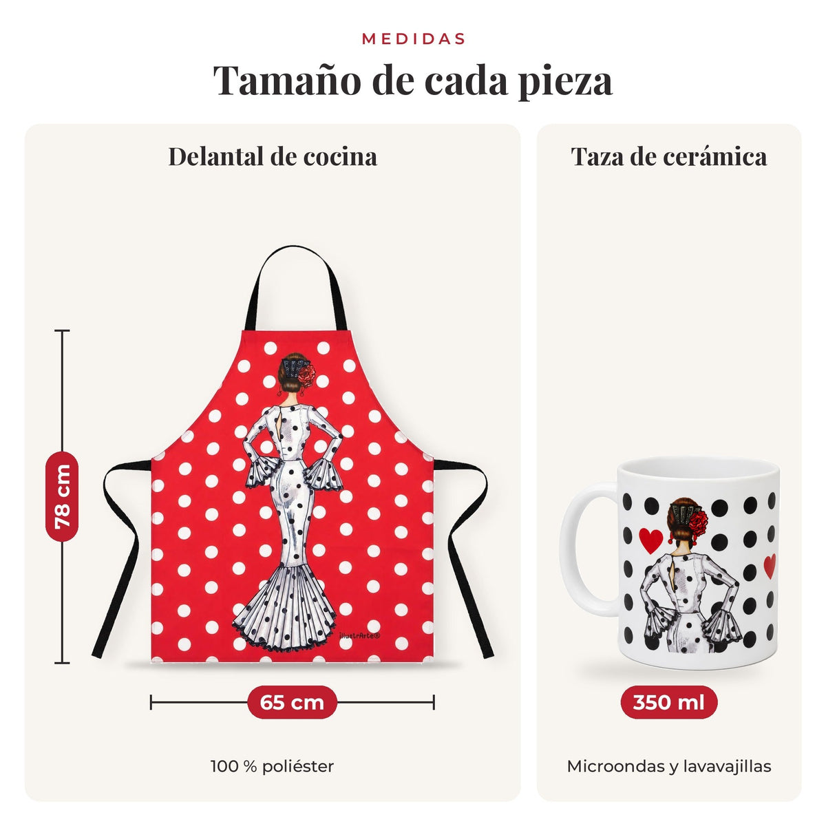 Medidas reales: delantal 78 x 65 cm y taza de 350 ml, diseño María Blanco