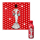 Pack pañuelo de seda y botella térmica flamenca illustrArte, diseño María Blanco fondo rojo