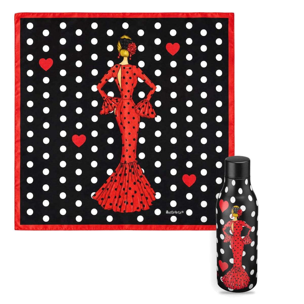 Pack pañuelo de seda y botella térmica flamenca illustrArte, diseño María Rojo