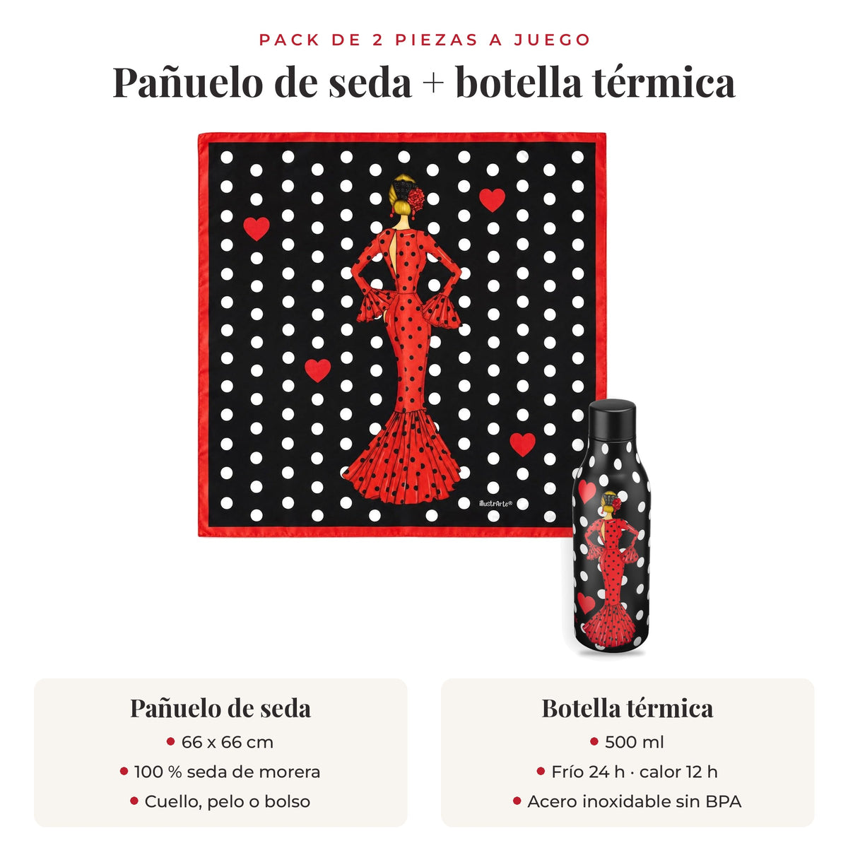 Pack pañuelo de seda y botella térmica María Rojo: qué incluye