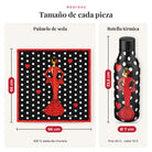 Medidas reales: pañuelo 66 x 66 cm y botella de 23,5 cm, diseño María Rojo