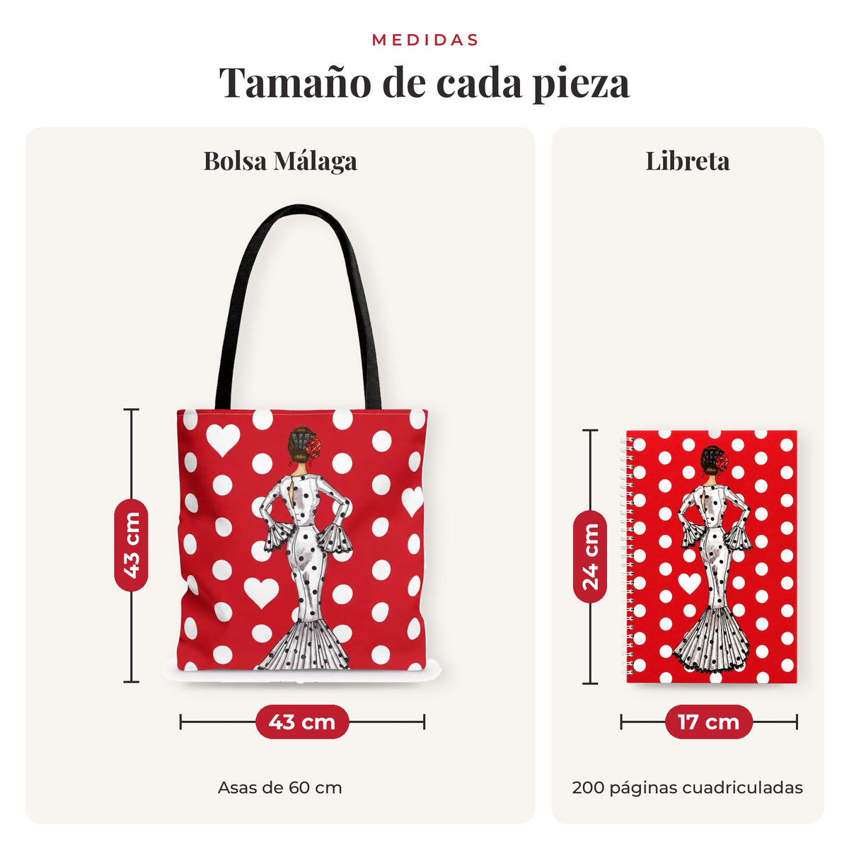 Medidas reales: bolsa 43 x 43 cm y libreta 17 x 24 cm, diseño María Blanco