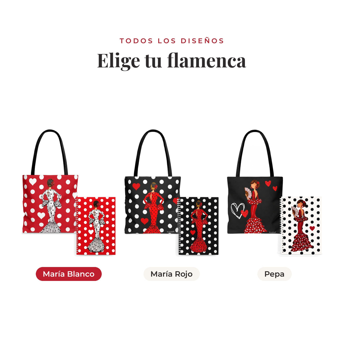 Todos los diseños del pack bolsa Málaga y libreta flamenca