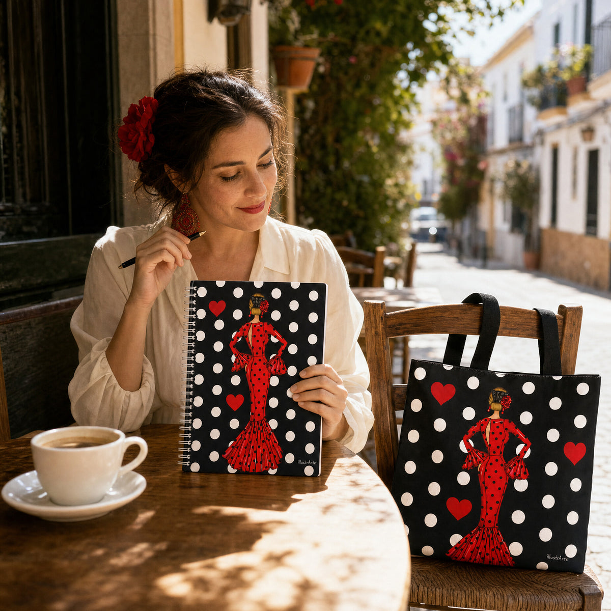 Mujer escribiendo en la libreta flamenca María Rojo, con la bolsa Málaga en la silla