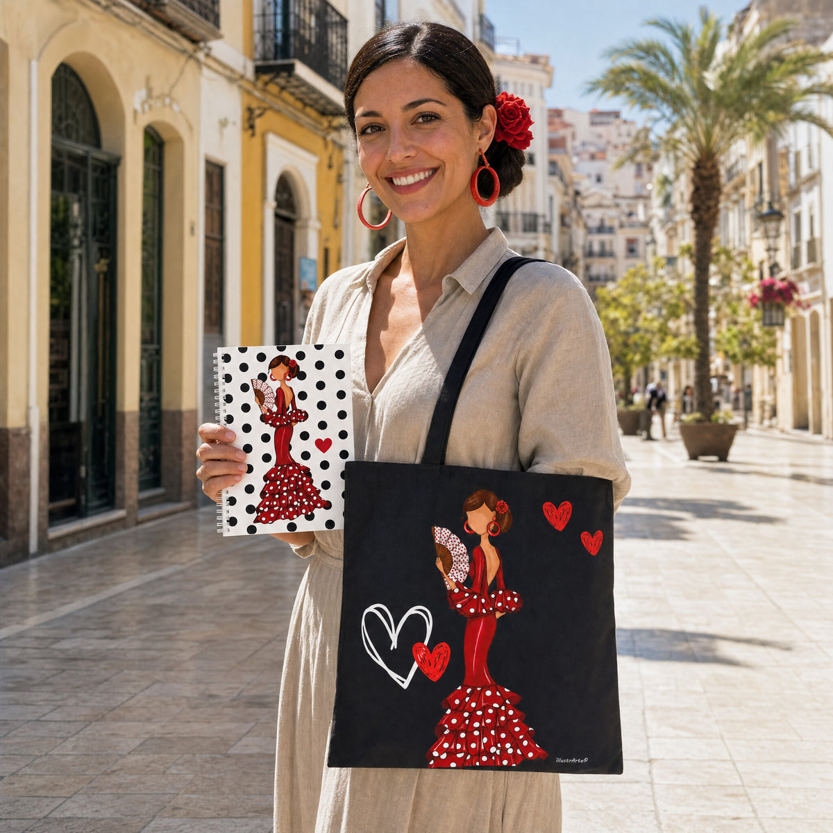 Mujer con la bolsa Málaga Pepa al hombro y la libreta flamenca a juego